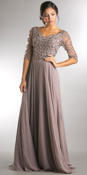 Image of V-neck Beaded Top Half Sleeves Long Mother Of Bride Dress in Brown