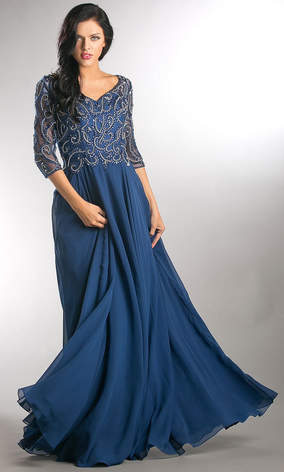 Main image of V-neck Beaded Top Half Sleeves Long Mother Of Bride Dress