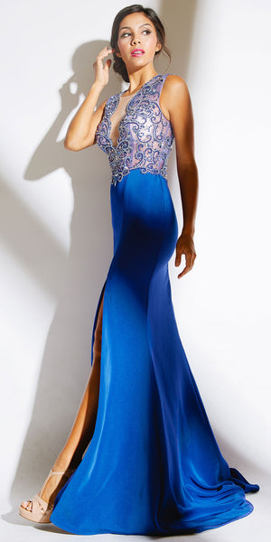 Image of Elegant Beaded Sheer Bodice Long Prom Pageant Dress in an alternative image
