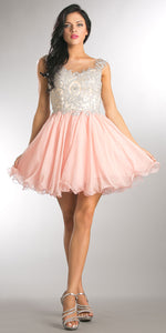 Image of Embellished Lace Bodice Short Babydoll Homecoming Dress in Blush