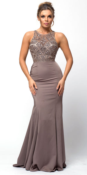 Image of Sleeveless Beaded Top High Neck Long Prom Dress in Mocha