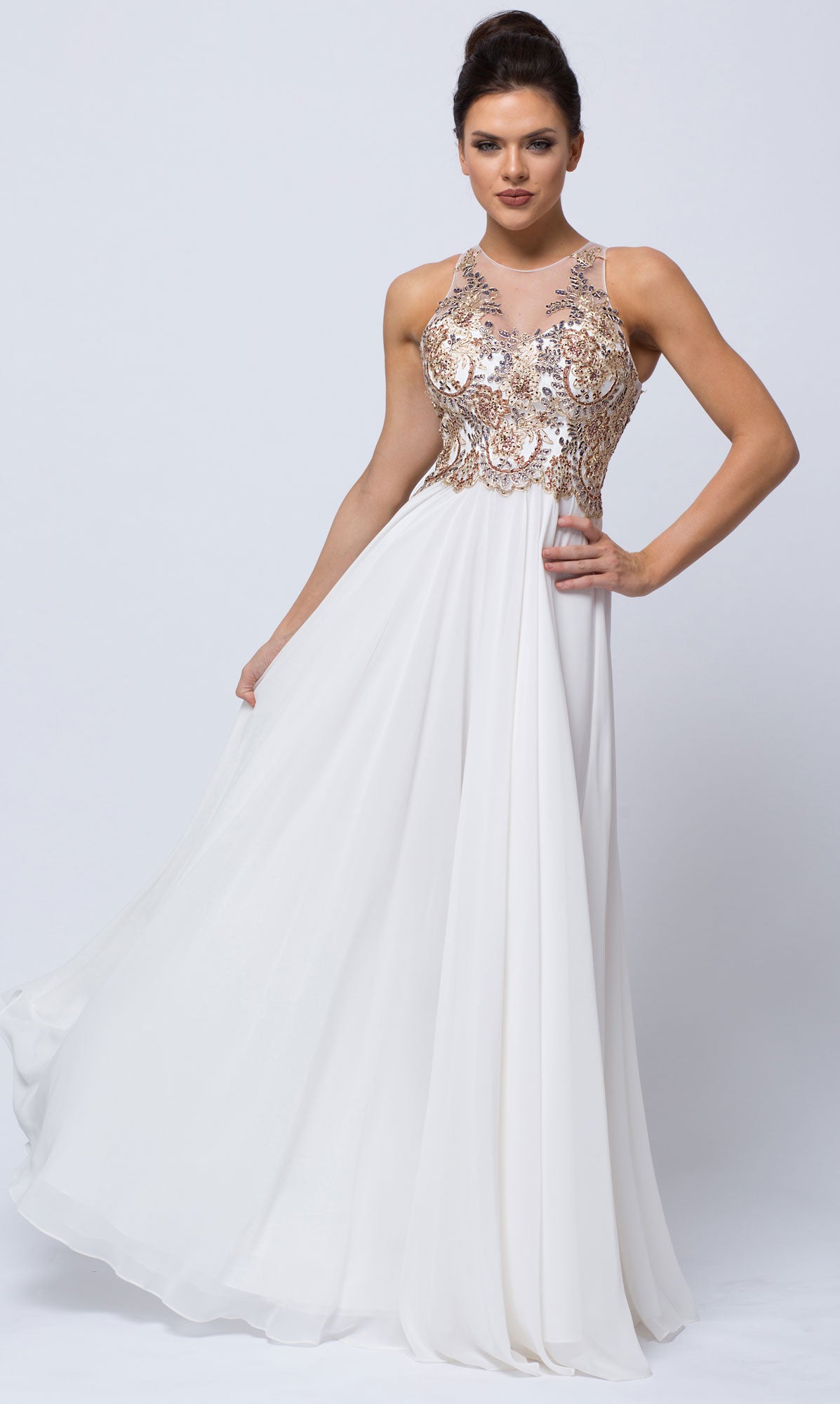Main image of Sleeveless Floral Accent Beaded Top Long Prom Dress
