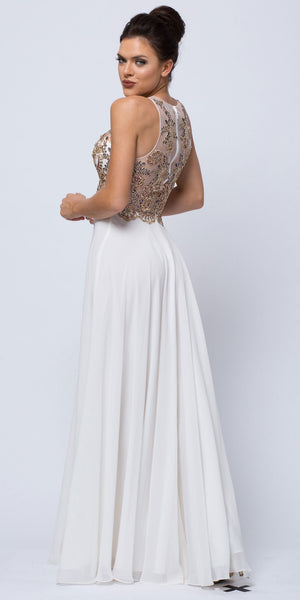 Back image of Sleeveless Floral Accent Beaded Top Long Prom Dress