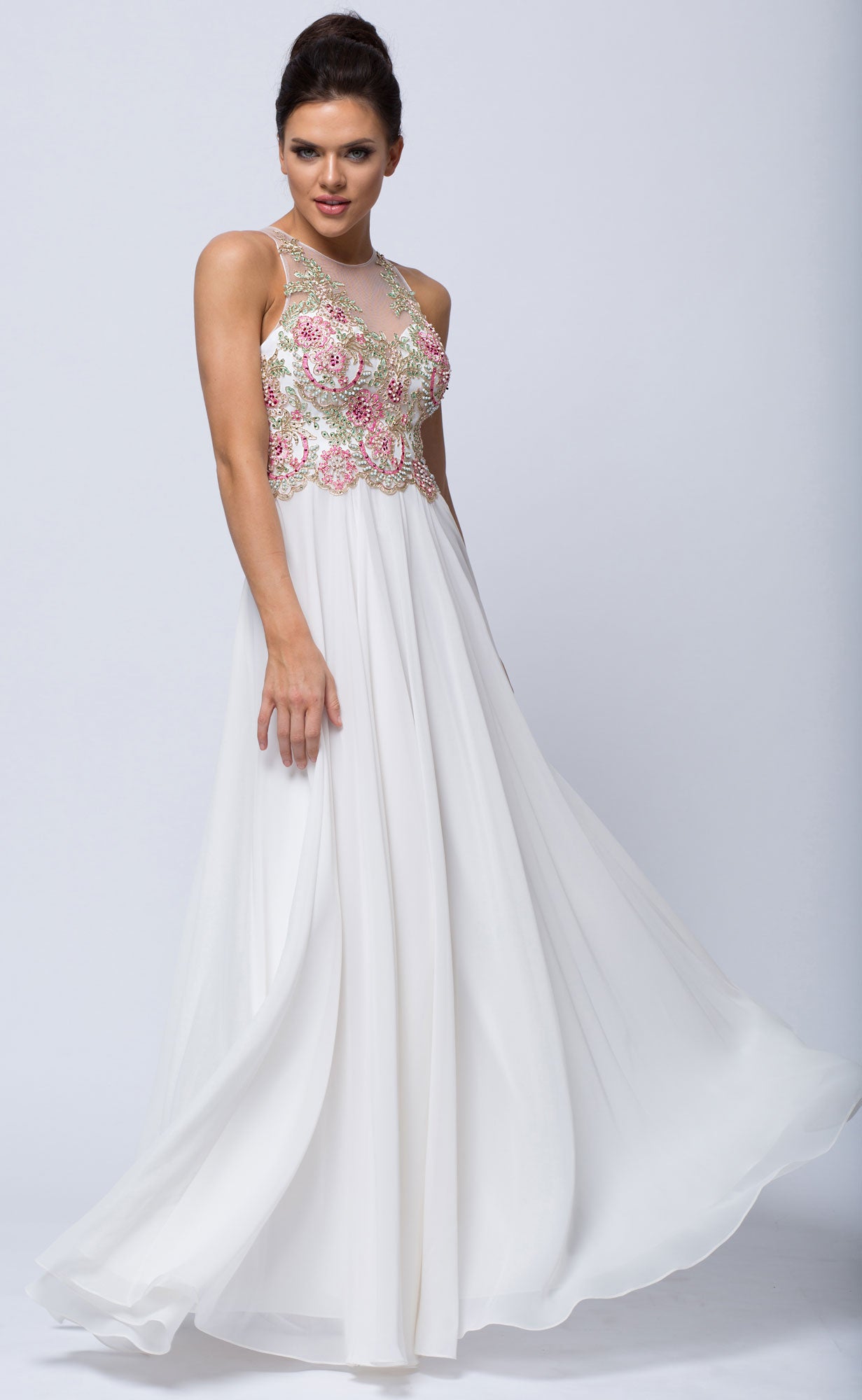 Image of Sleeveless Floral Accent Beaded Top Long Prom Dress in Ivory/Pink