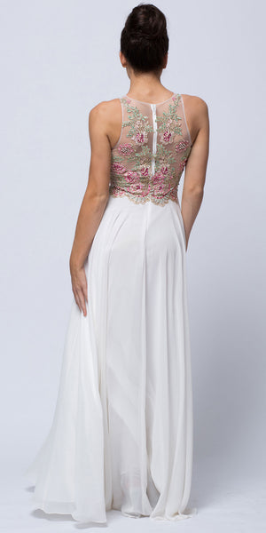 Image of Sleeveless Floral Accent Beaded Top Long Prom Dress back in Ivory/Pink