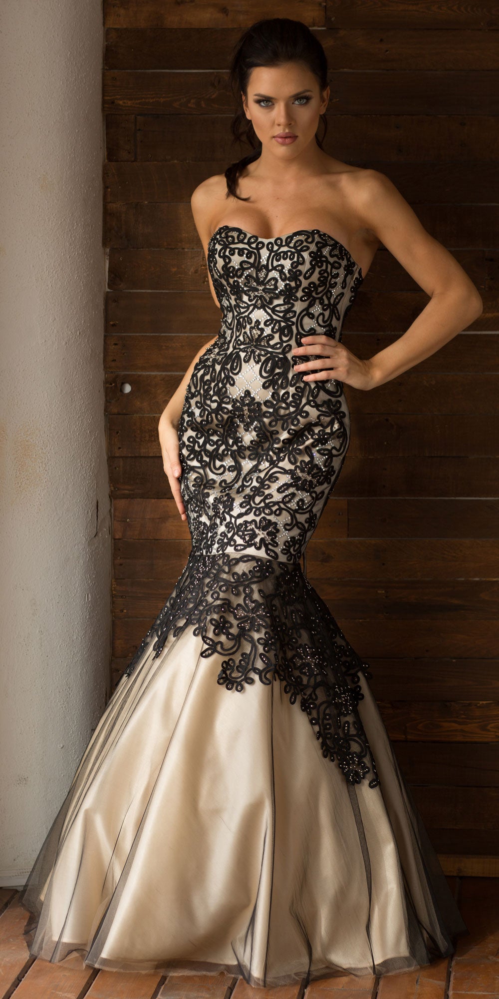 Main image of Strapless Ribbon Pattern Mesh Mermaid Long Prom Dress