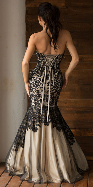 Back image of Strapless Ribbon Pattern Mesh Mermaid Long Prom Dress