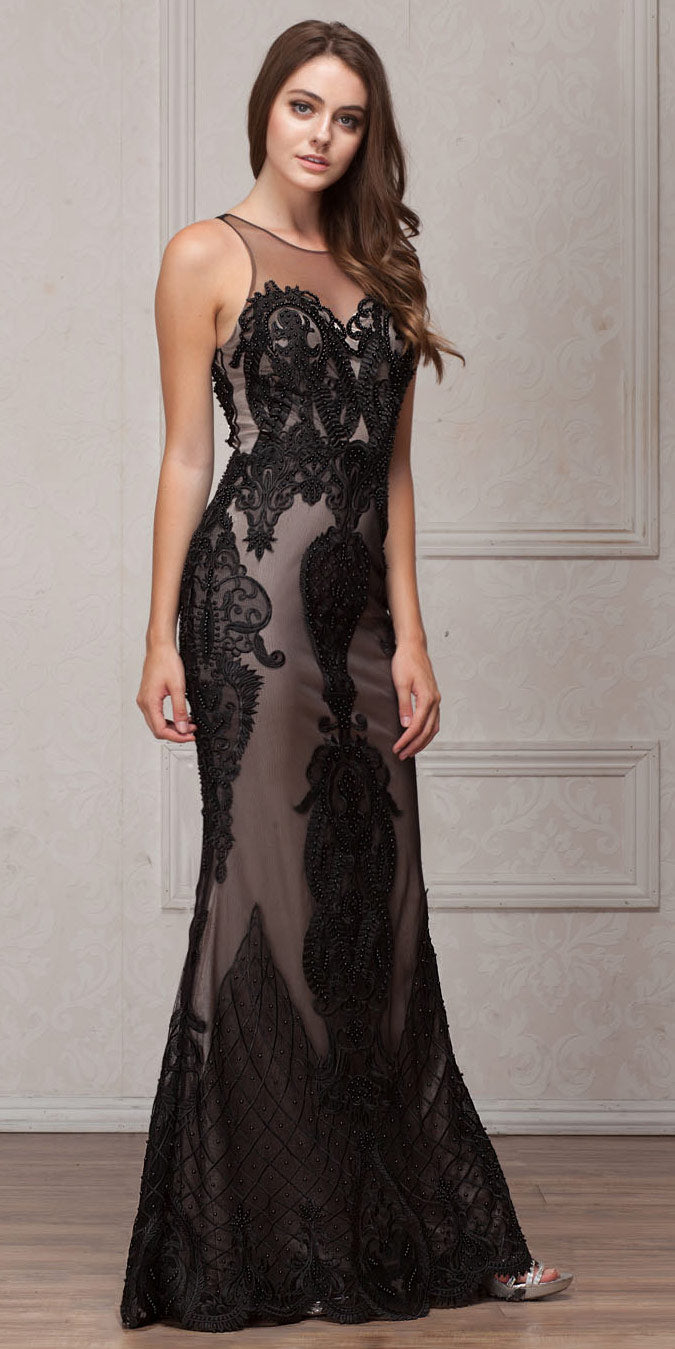 Image of Beads & Lace Accent Long Fitted Formal Prom Pageant Dress in Black