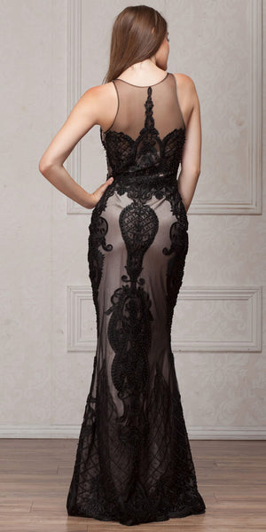 Back image of Beads & Lace Accent Long Fitted Formal Prom Pageant Dress