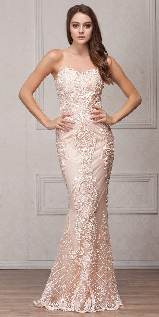 Main image of Beads & Lace Accent Long Fitted Formal Prom Pageant Dress
