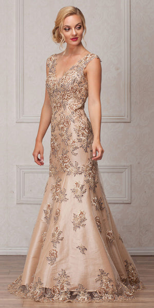 Image of V-neck Floral Embellishments Mesh Long Prom Pageant Dress in Champaign