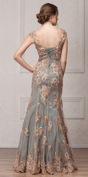 Back image of V-neck Floral Embellishments Mesh Long Prom Pageant Dress