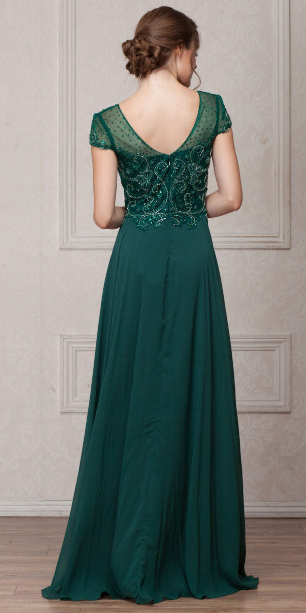 Back image of Short Sleeves V-neck Sequined Bust Long Formal Evening Dress