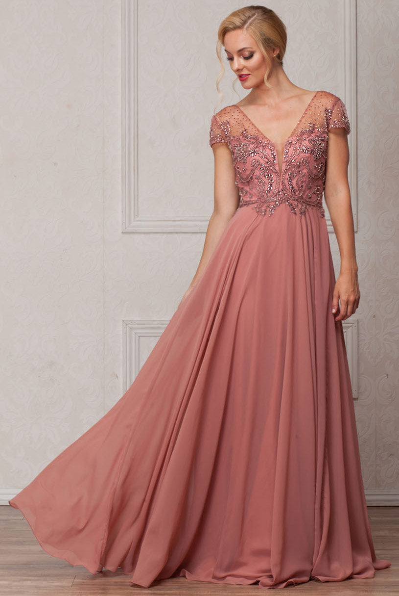 Image of Short Sleeves V-neck Sequined Bust Long Formal Evening Dress in Rose