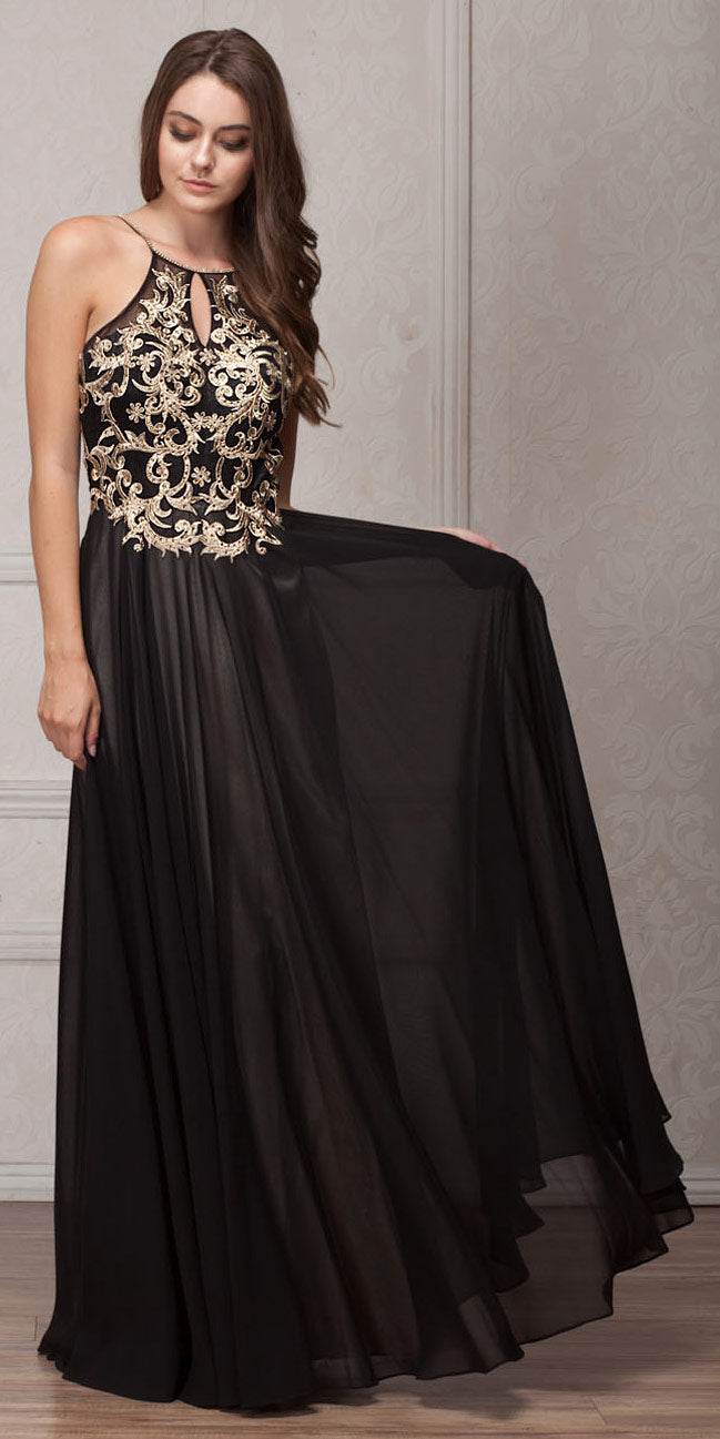 Main image of Gold Accent Keyhole Mesh Bust Long Formal Evening Dress