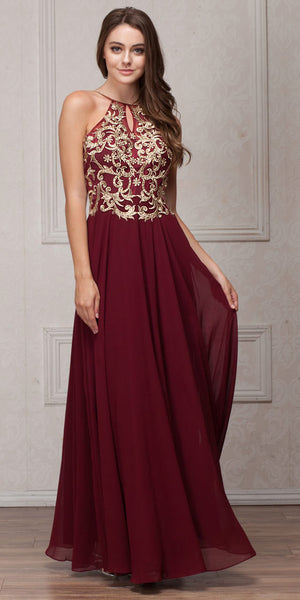 Image of Gold Accent Keyhole Mesh Bust Long Formal Evening Dress in Burgundy