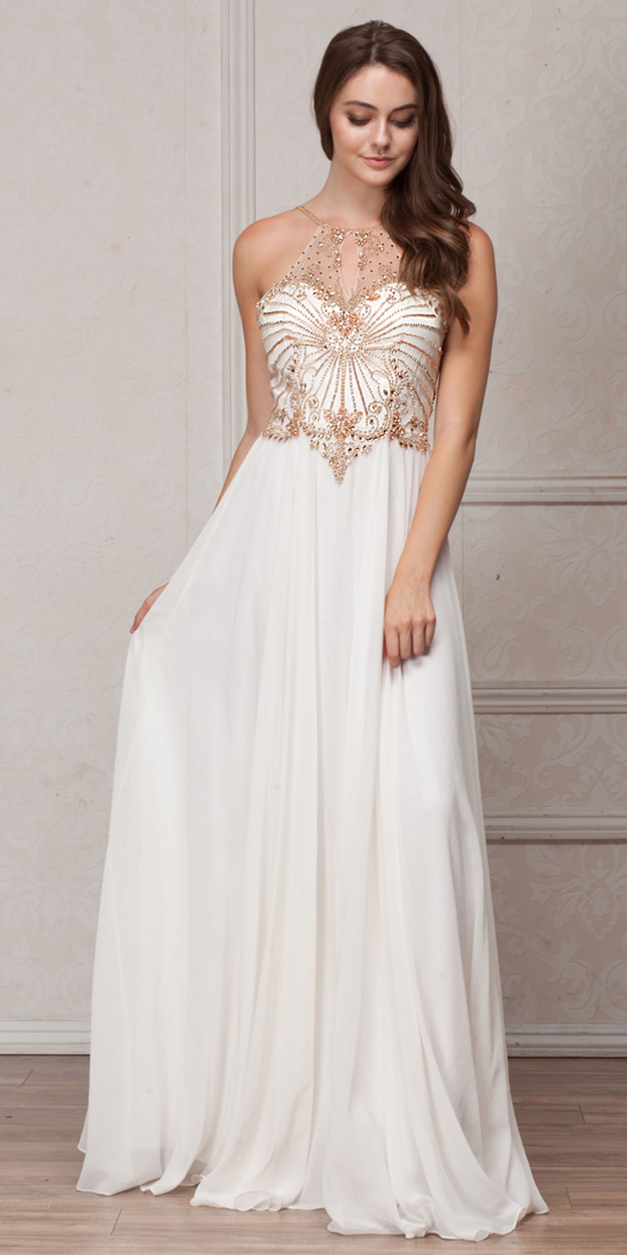 Image of Mesh Beaded Bodice Long Chiffon Formal Evening Dress in Off White
