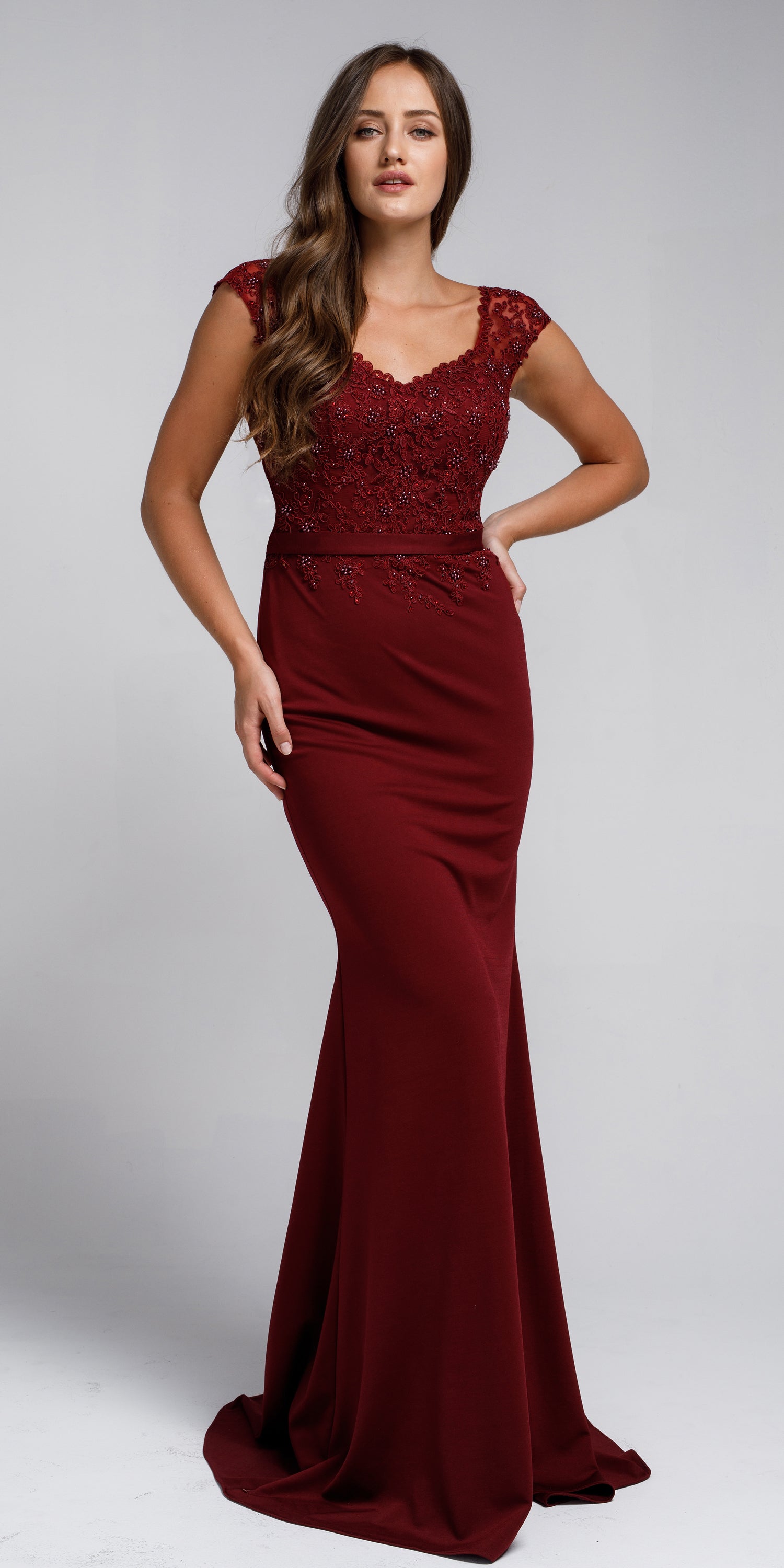 Image of Sweatheart Neckline Embroidered Evening Gown in Burgundy