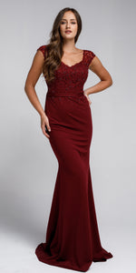 Image of Sweatheart Neckline Embroidered Evening Gown in Burgundy