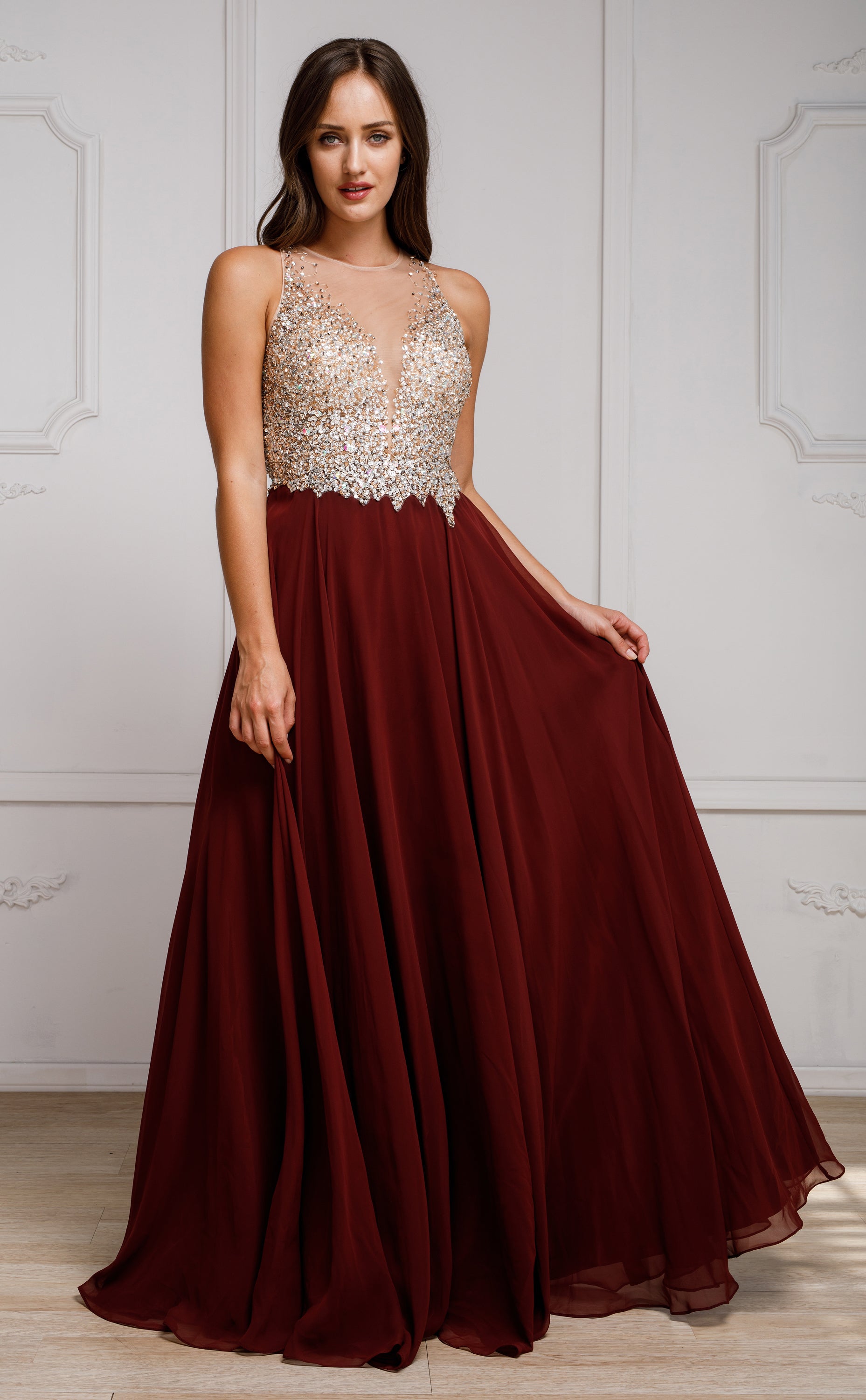 Image of Sequined Plunging Neckine Prom Gown in Burgundy