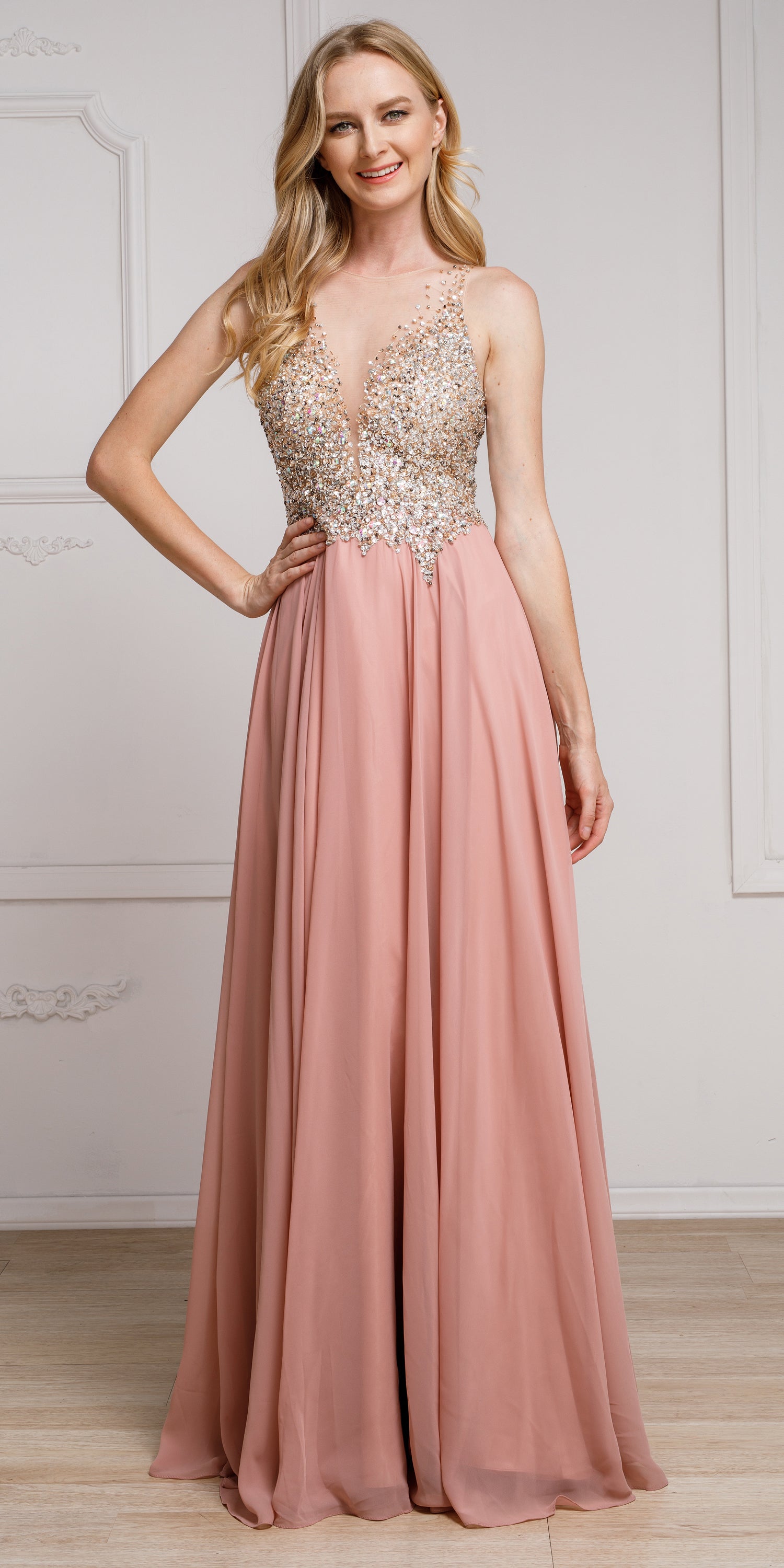 Image of Sequined Plunging Neckine Prom Gown in Dusty Rose