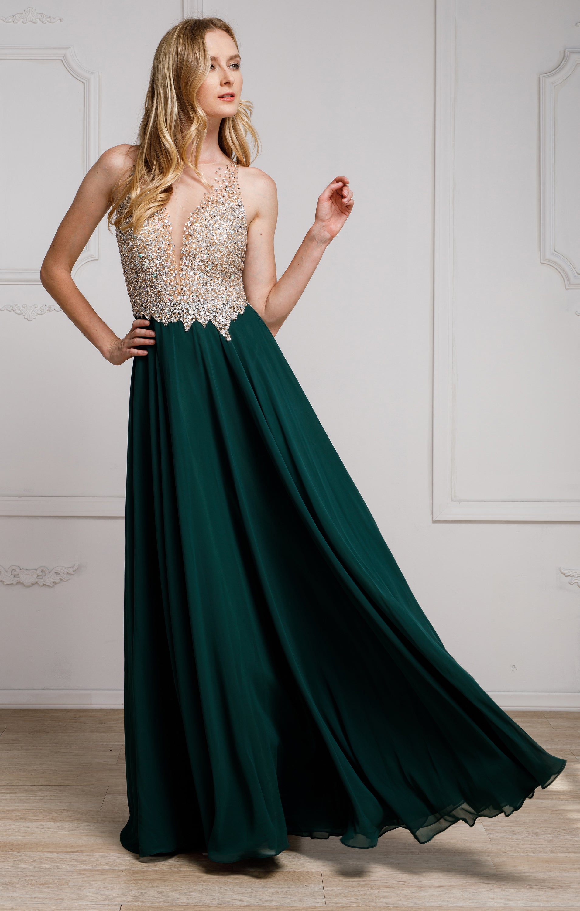 Main image of Sequined Plunging Neckine Prom Gown