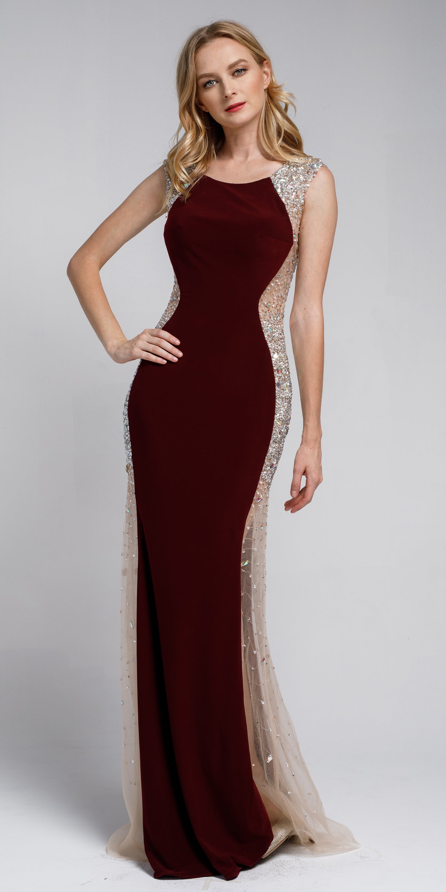Image of Silhouette Styles Prom Gown With Rhinestone Accents in Burgundy