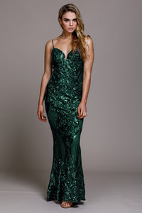 Image of Fitted Silhouette Sequin Prom Gown in Emerald Green