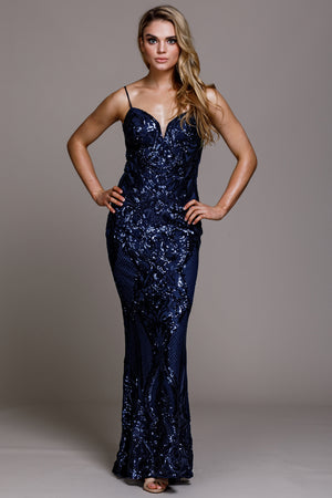Image of Fitted Silhouette Sequin Prom Gown in Navy