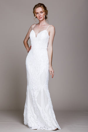 Image of Fitted Silhouette Sequin Prom Gown in White