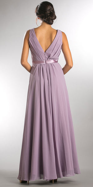 Image of V-neck Sleeveless Ruched Bodice Long Bridesmaid Dress back in Lavender