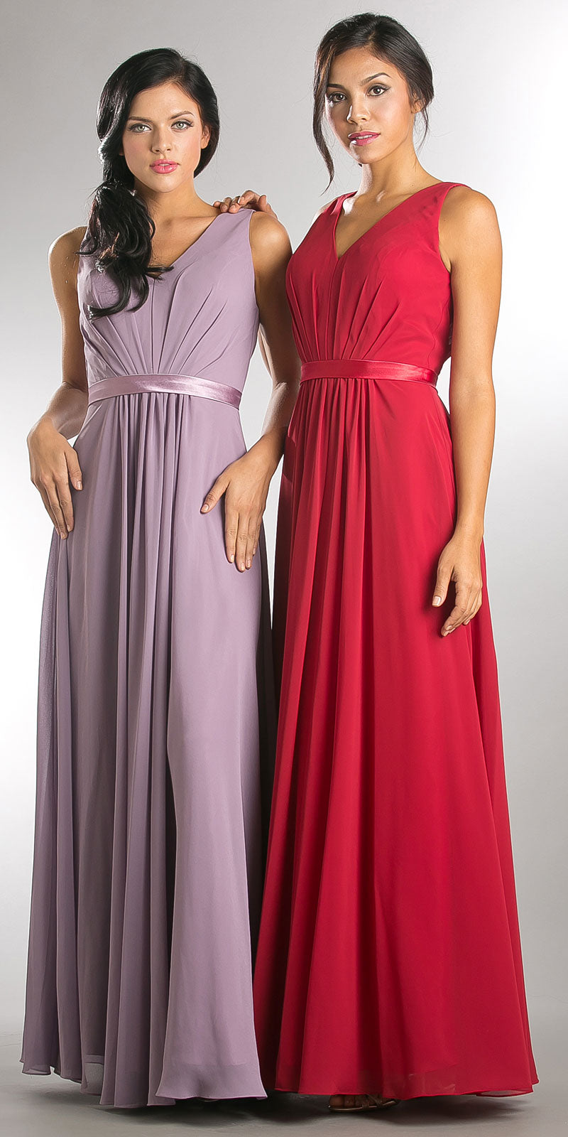 Image of V-neck Sleeveless Ruched Bodice Long Bridesmaid Dress in an alternate image
