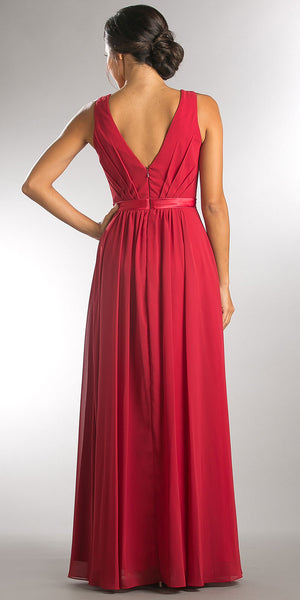 Back image of V-neck Sleeveless Ruched Bodice Long Bridesmaid Dress