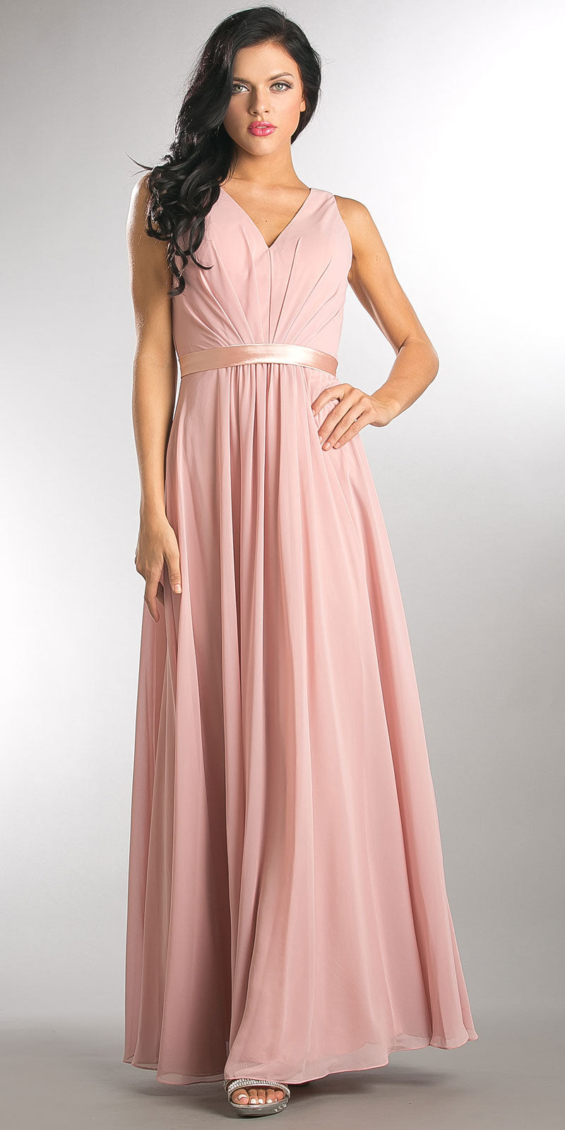 Main image of V-neck Sleeveless Ruched Bodice Long Bridesmaid Dress