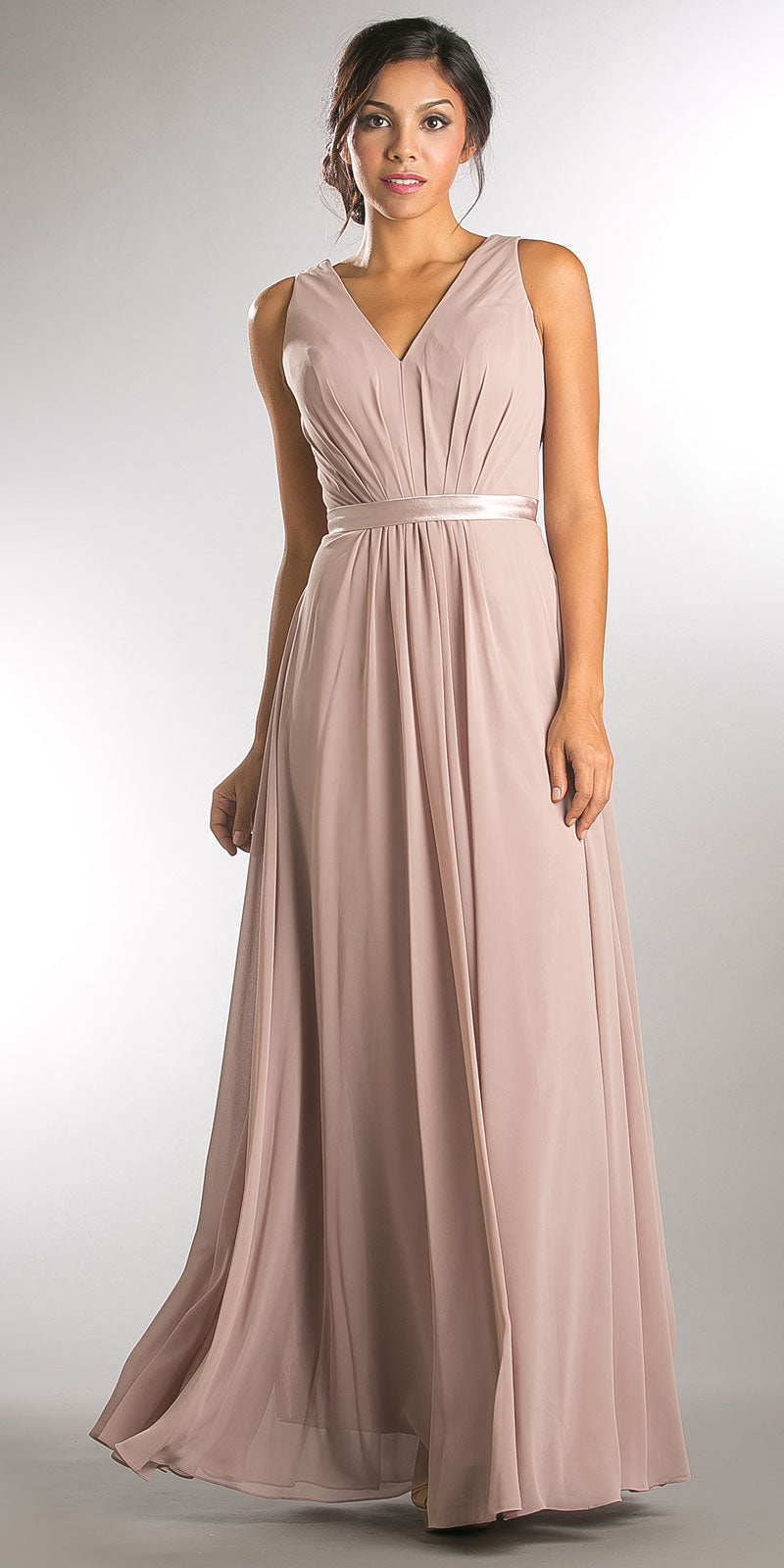 Image of V-neck Sleeveless Ruched Bodice Long Bridesmaid Dress in Taupe
