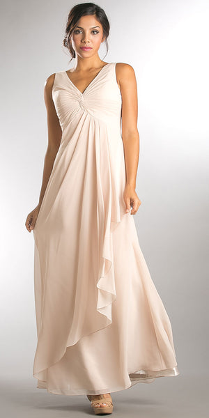 Image of V-neck Ruched Twist Knot Bust Long Bridesmaid Dress in Champaign