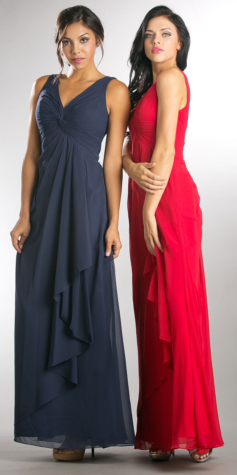 Image of V-neck Ruched Twist Knot Bust Long Bridesmaid Dress in an alternate image