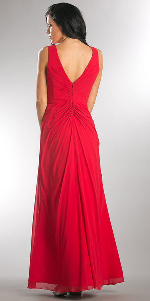 Image of V-neck Ruched Twist Knot Bust Long Bridesmaid Dress back in Red
