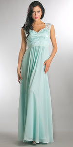 Image of V-neck Lace Top Empire Cut Long Bridesmaid Dress in Aqua