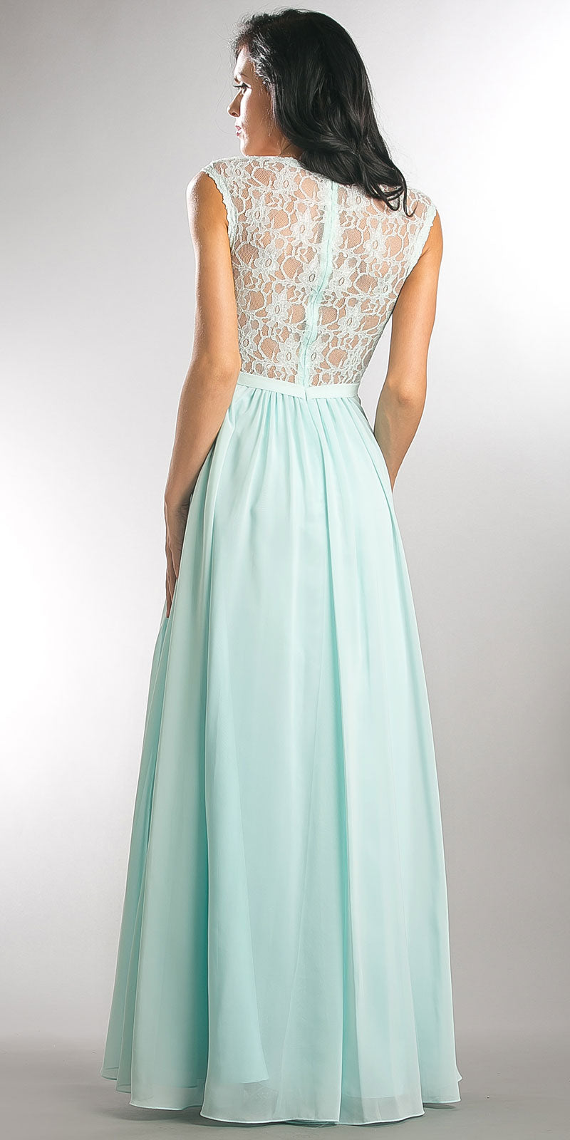 Image of V-neck Lace Top Empire Cut Long Bridesmaid Dress back in Aqua