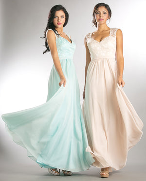 Image of V-neck Lace Top Empire Cut Long Bridesmaid Dress in an 