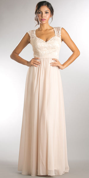 Image of V-neck Lace Top Empire Cut Long Bridesmaid Dress in Champaign