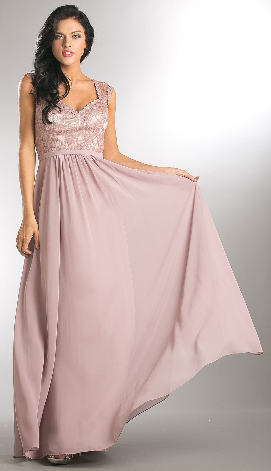 Main image of V-neck Lace Top Empire Cut Long Bridesmaid Dress