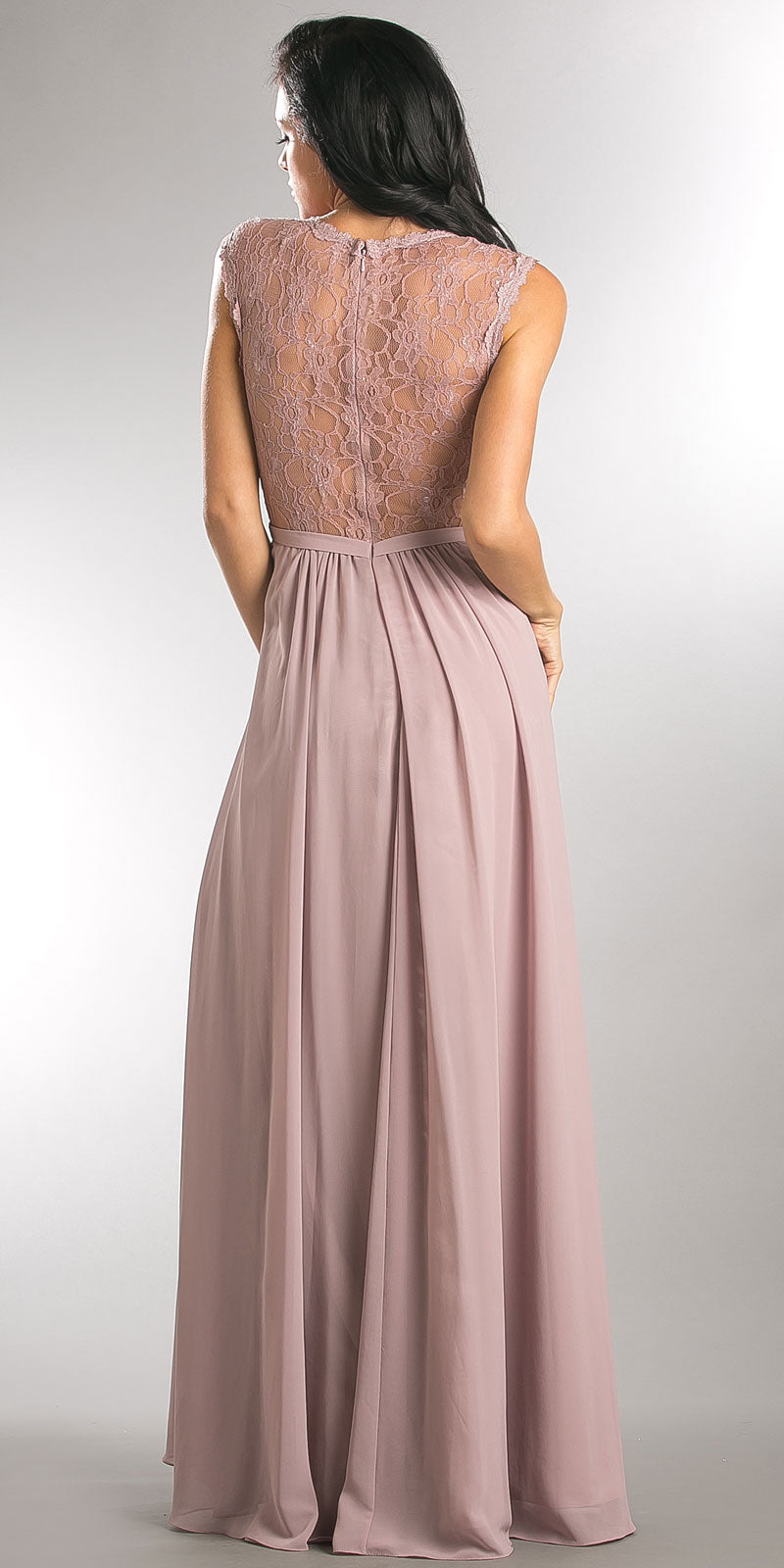 Back image of V-neck Lace Top Empire Cut Long Bridesmaid Dress