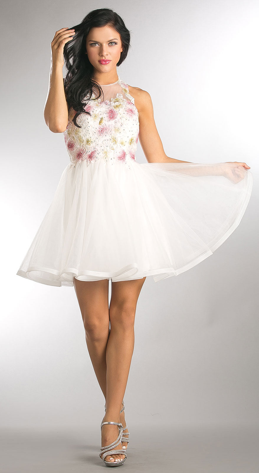 Main image of Floral Lace Bodice Short Tulle Homecoming Dress