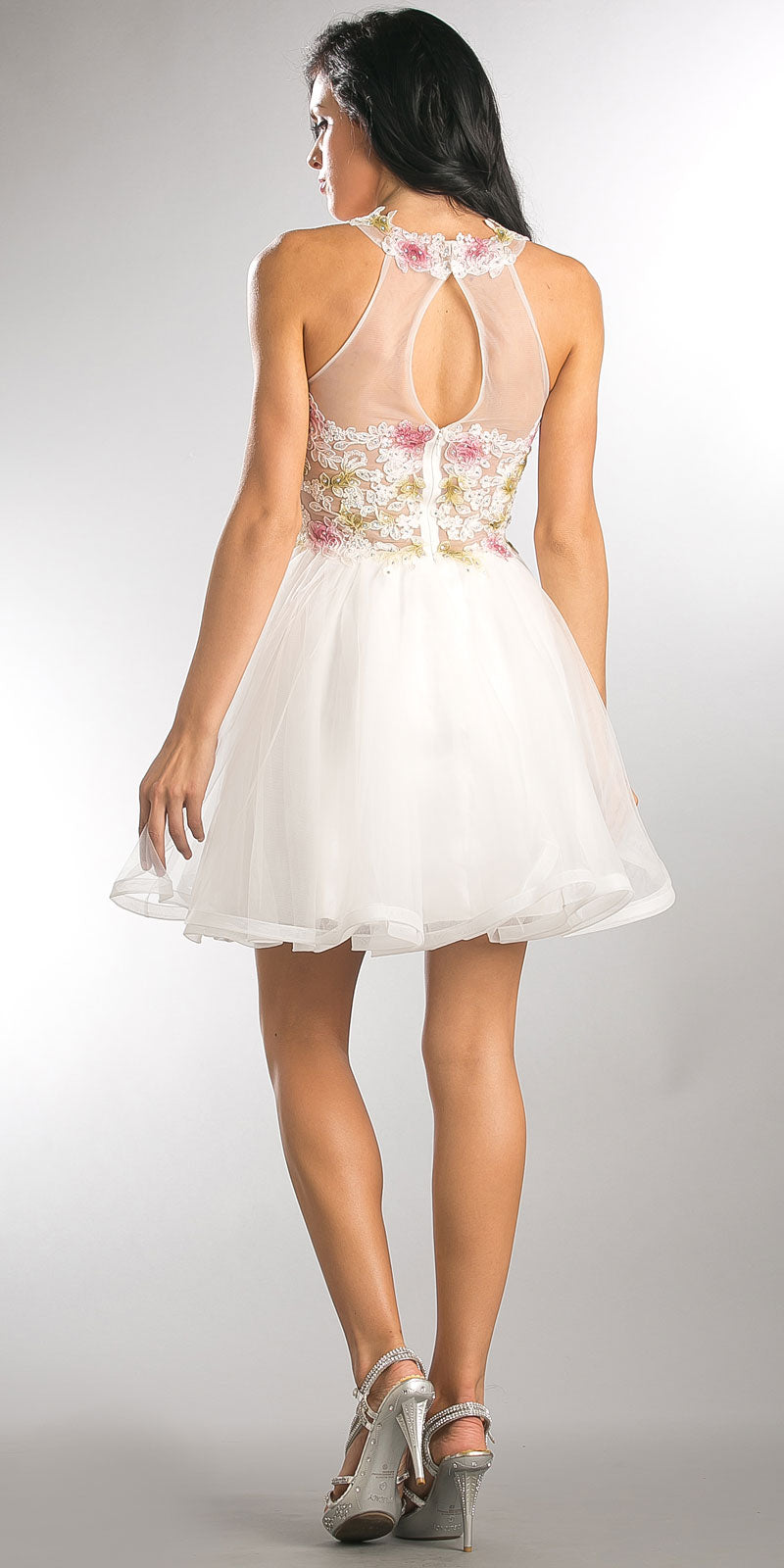 Back image of Floral Lace Bodice Short Tulle Homecoming Dress