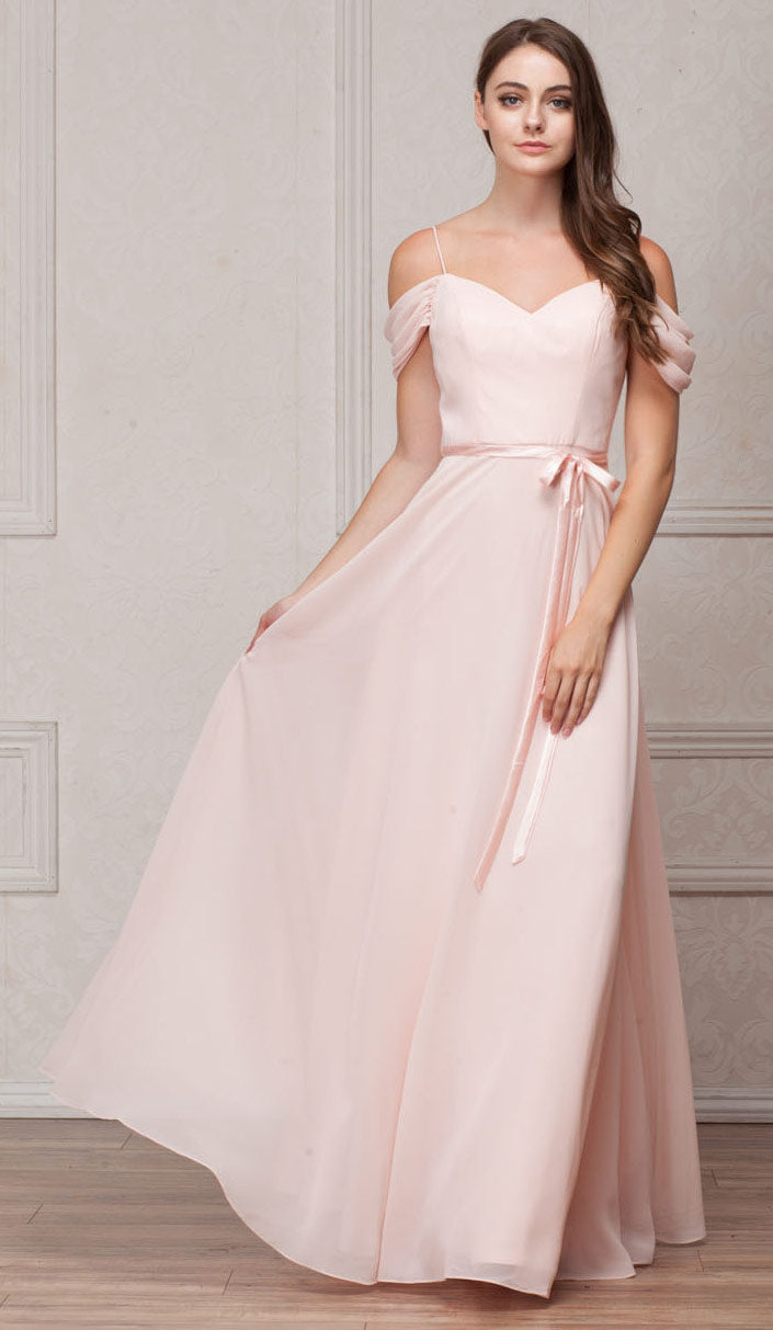 Image of Spaghetti Straps Cold-shoulder Long Bridesmaid Dress in Blush