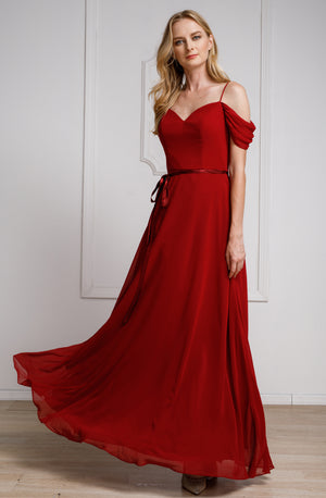 Main image of Spaghetti Straps Cold-shoulder Long Bridesmaid Dress