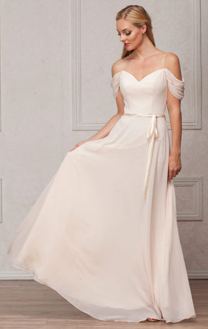 Image of Spaghetti Straps Cold-shoulder Long Bridesmaid Dress in Champaign