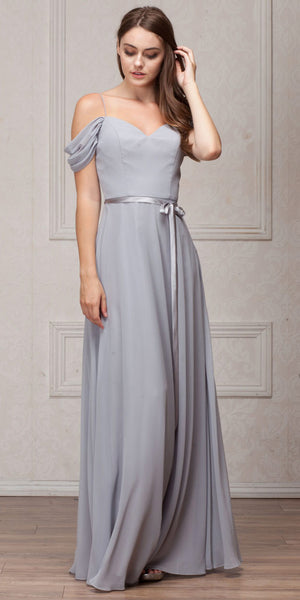 Image of Spaghetti Straps Cold-shoulder Long Bridesmaid Dress in Silver